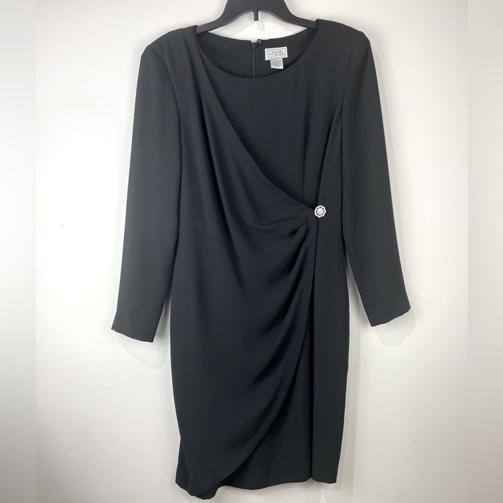 Casual Corner 90s Party Dress Sz 8 Black Long Sleeve Faux Wrap Modest Classy
